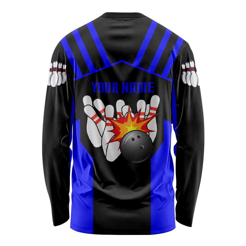 Custom Blue and Black Bowling Long Sleeve Shirt with Exploding Strike Design Pin Graphics - Wonder Print Shop
