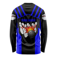 Custom Blue and Black Bowling Long Sleeve Shirt with Exploding Strike Design Pin Graphics - Wonder Print Shop