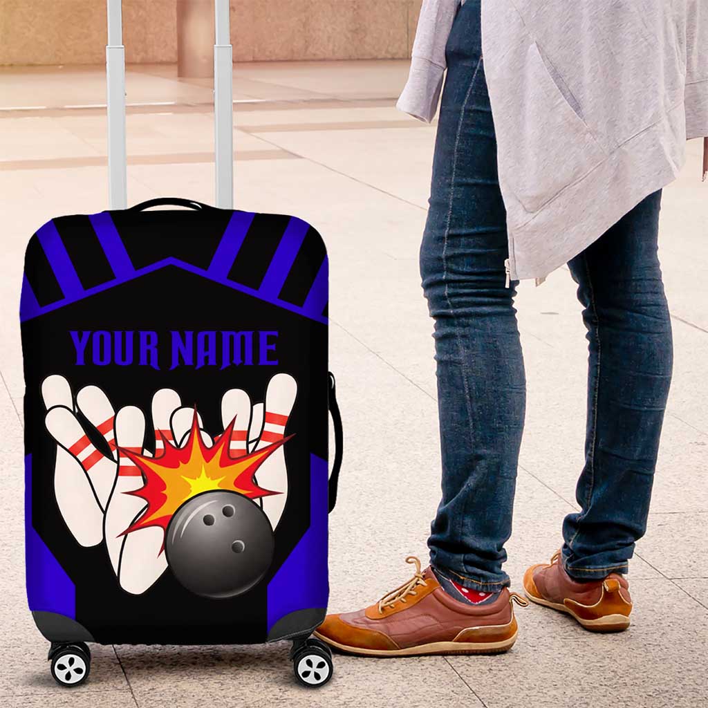 Custom Blue and Black Bowling Luggage Cover with Exploding Strike Design Pin Graphics - Wonder Print Shop