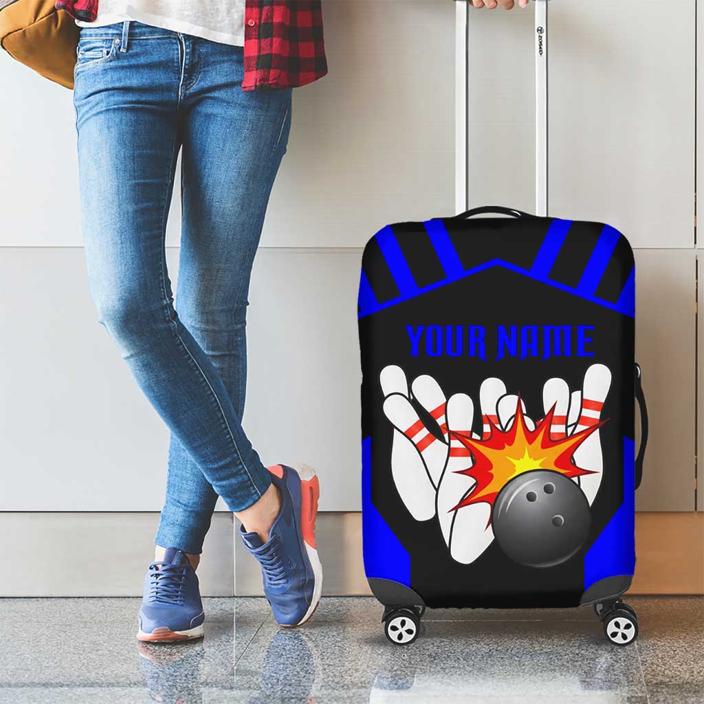 Custom Blue and Black Bowling Luggage Cover with Exploding Strike Design Pin Graphics - Wonder Print Shop