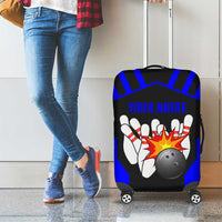 Custom Blue and Black Bowling Luggage Cover with Exploding Strike Design Pin Graphics - Wonder Print Shop