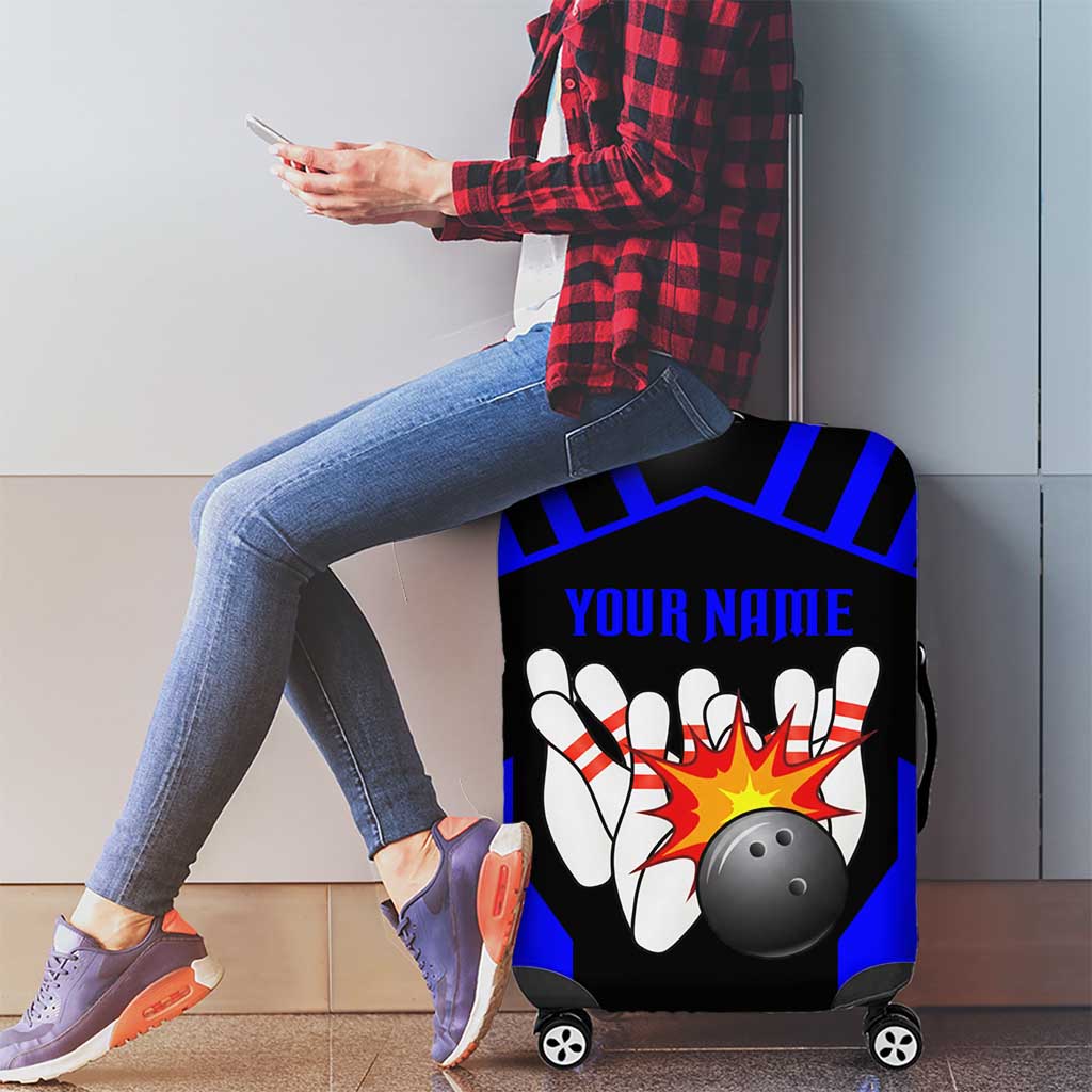 Custom Blue and Black Bowling Luggage Cover with Exploding Strike Design Pin Graphics - Wonder Print Shop