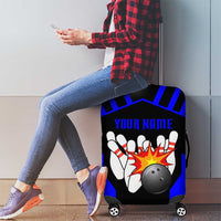 Custom Blue and Black Bowling Luggage Cover with Exploding Strike Design Pin Graphics - Wonder Print Shop