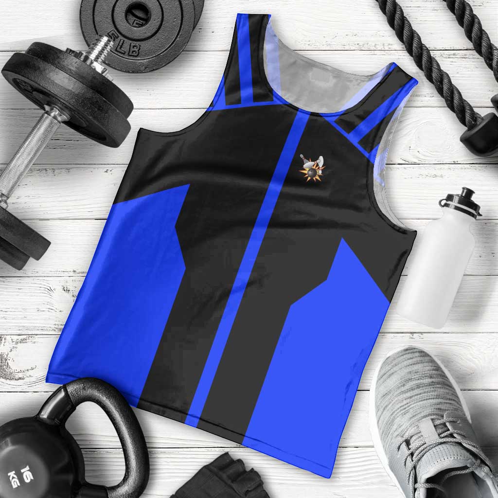 Custom Blue and Black Bowling Men Tank Top with Exploding Strike Design Pin Graphics - Wonder Print Shop