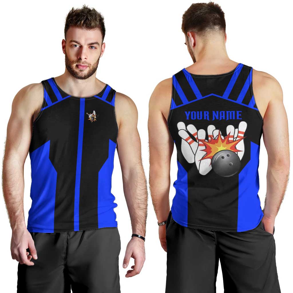 Custom Blue and Black Bowling Men Tank Top with Exploding Strike Design Pin Graphics - Wonder Print Shop