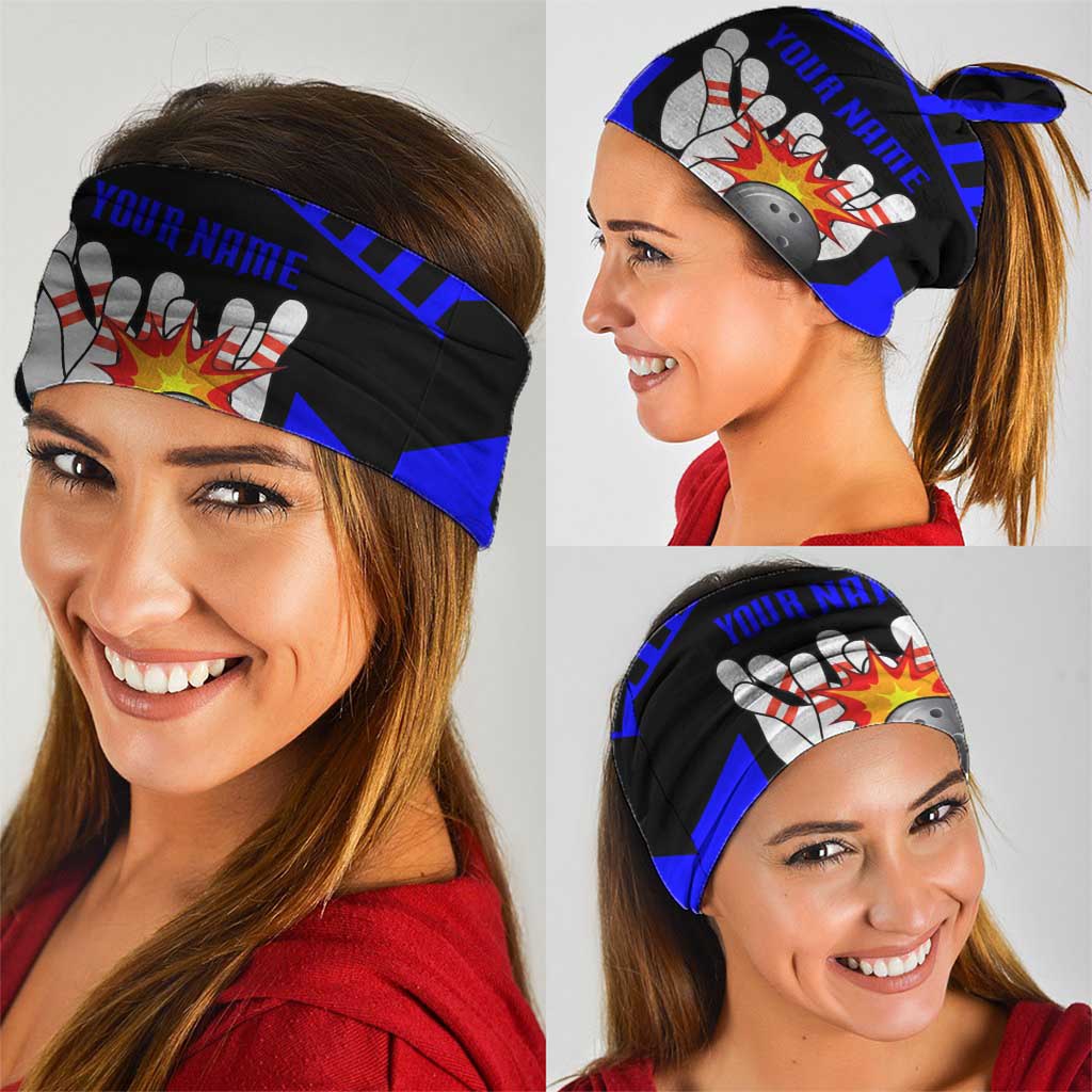 Custom Blue and Black Bowling Neck Gaiter with Exploding Strike Design Pin Graphics - Wonder Print Shop