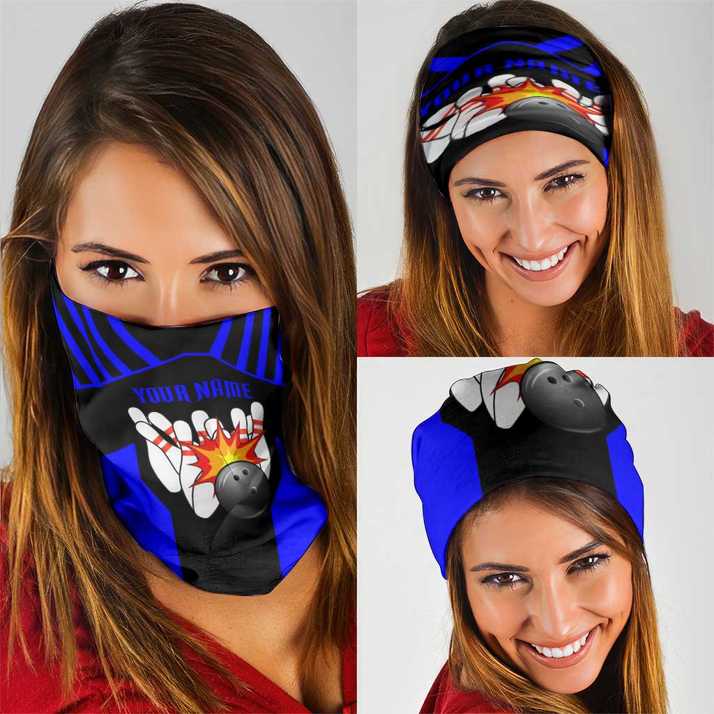 Custom Blue and Black Bowling Neck Gaiter with Exploding Strike Design Pin Graphics - Wonder Print Shop