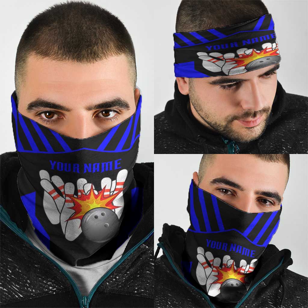 Custom Blue and Black Bowling Neck Gaiter with Exploding Strike Design Pin Graphics - Wonder Print Shop