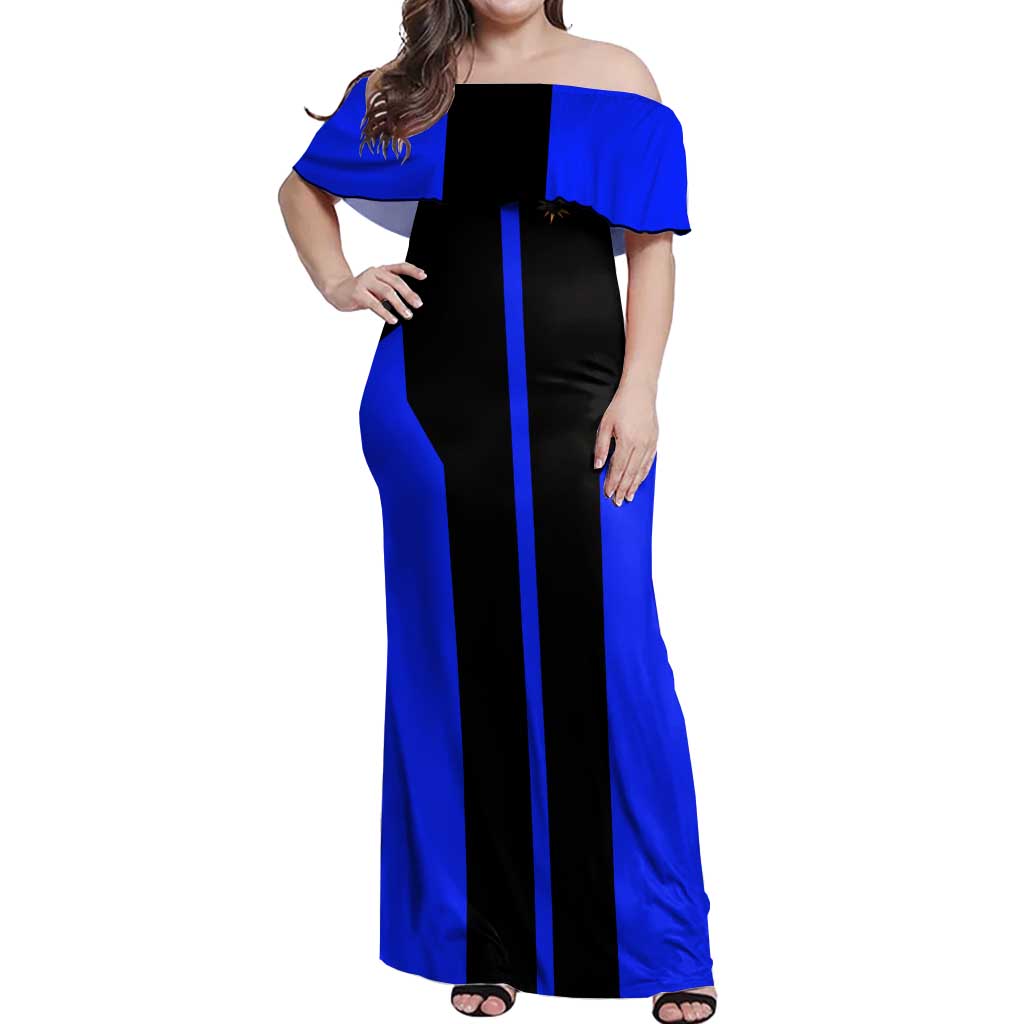 Custom Blue and Black Bowling Off Shoulder Maxi Dress with Exploding Strike Design Pin Graphics - Wonder Print Shop