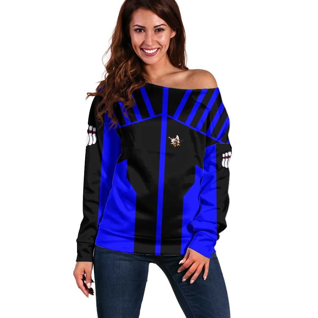 Custom Blue and Black Bowling Off Shoulder Sweater with Exploding Strike Design Pin Graphics - undefined