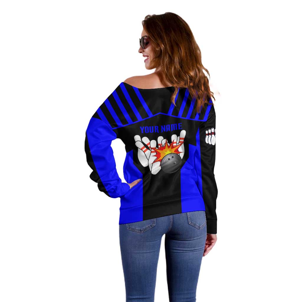 Custom Blue and Black Bowling Off Shoulder Sweater with Exploding Strike Design Pin Graphics - undefined