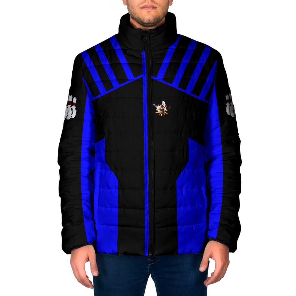 Custom Blue and Black Bowling Padded Jacket with Exploding Strike Design Pin Graphics - Wonder Print Shop
