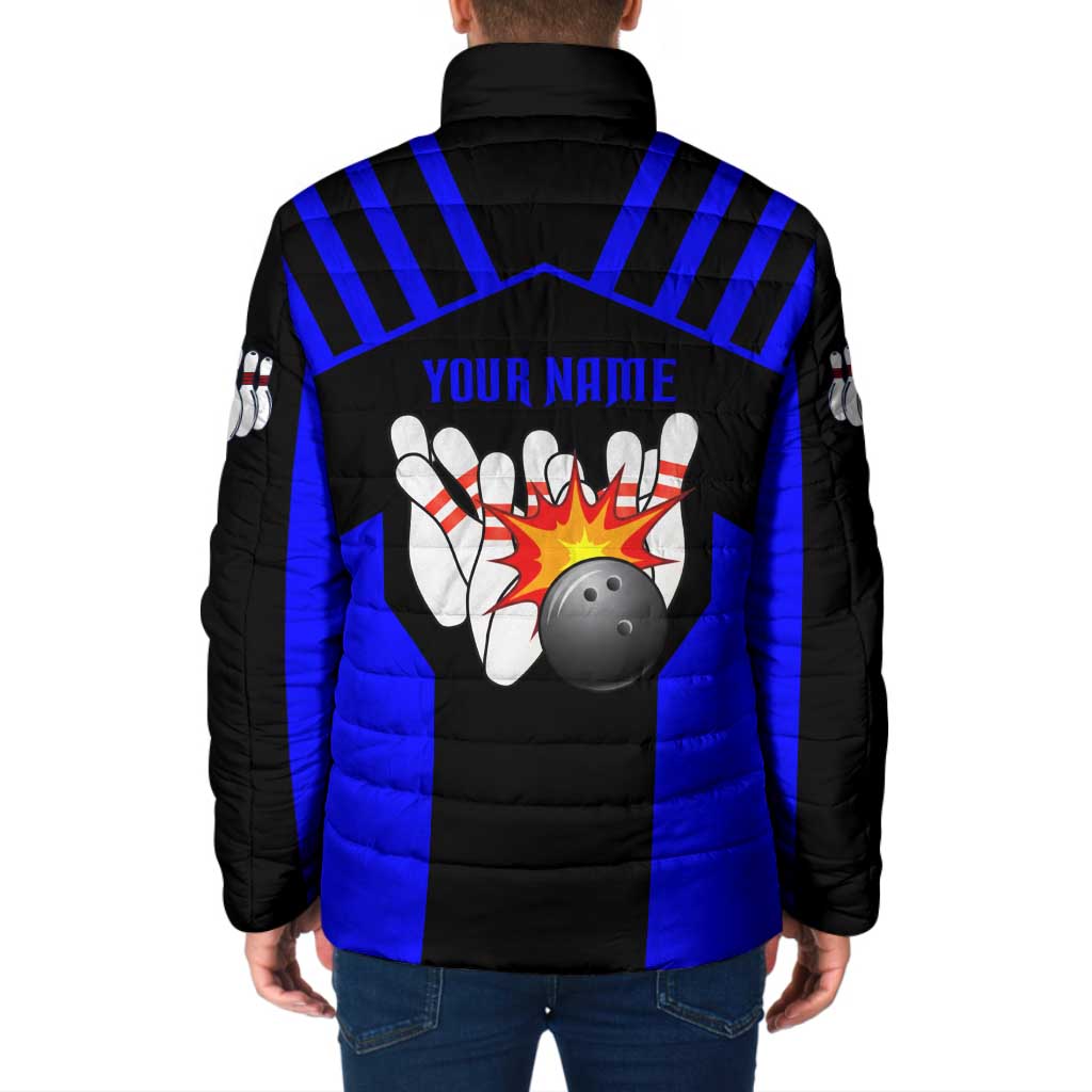 Custom Blue and Black Bowling Padded Jacket with Exploding Strike Design Pin Graphics - Wonder Print Shop
