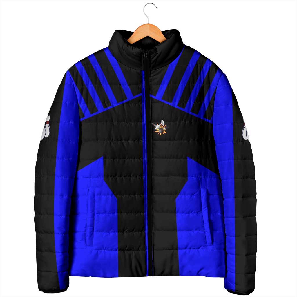 Custom Blue and Black Bowling Padded Jacket with Exploding Strike Design Pin Graphics - Wonder Print Shop