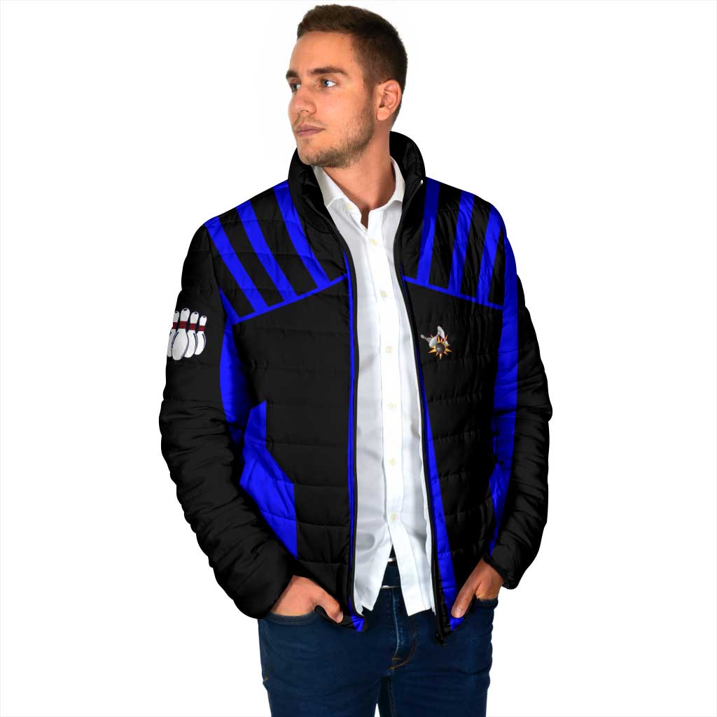 Custom Blue and Black Bowling Padded Jacket with Exploding Strike Design Pin Graphics - Wonder Print Shop