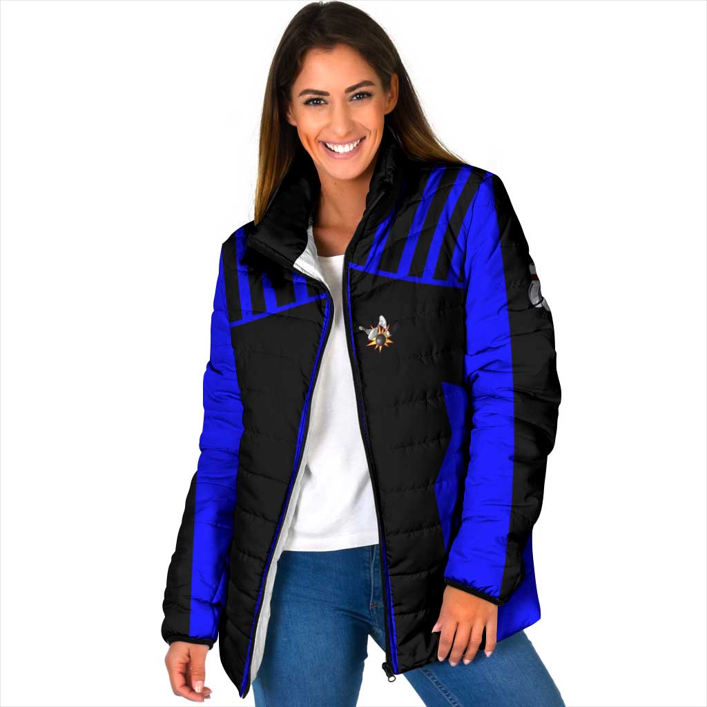 Custom Blue and Black Bowling Padded Jacket with Exploding Strike Design Pin Graphics - Wonder Print Shop