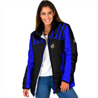 Custom Blue and Black Bowling Padded Jacket with Exploding Strike Design Pin Graphics - Wonder Print Shop