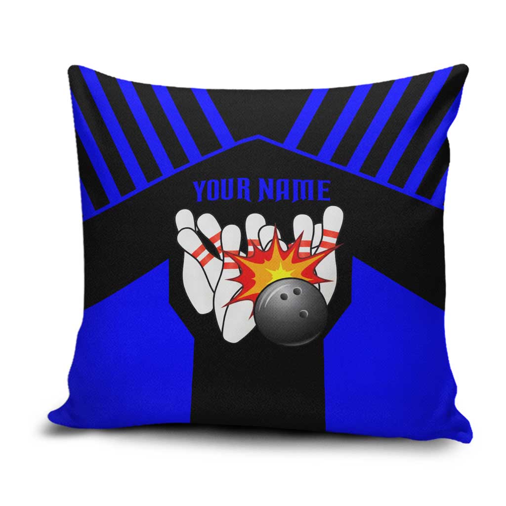 Custom Blue and Black Bowling Pillow Cover with Exploding Strike Design Pin Graphics - Wonder Print Shop