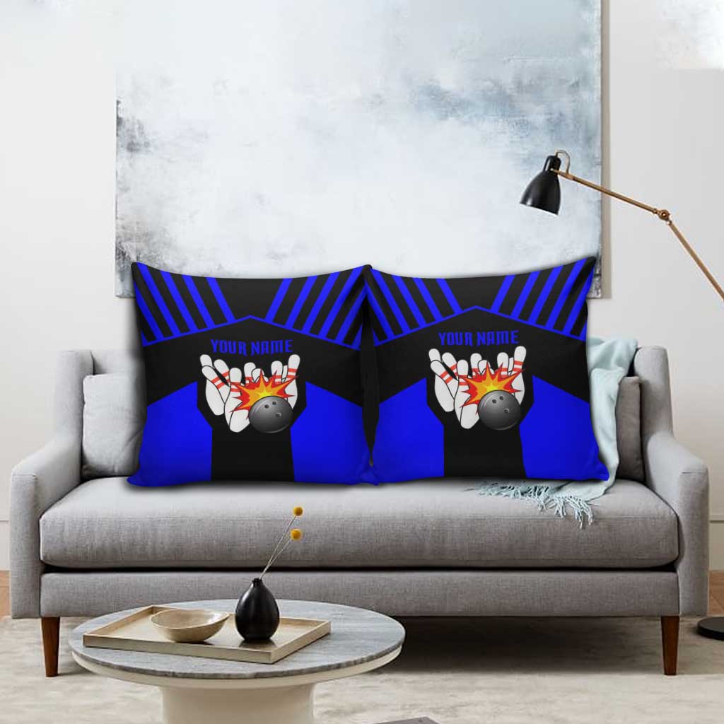 Custom Blue and Black Bowling Pillow Cover with Exploding Strike Design Pin Graphics - Wonder Print Shop