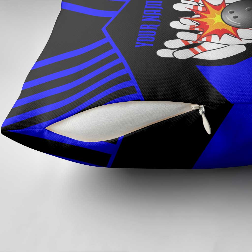 Custom Blue and Black Bowling Pillow Cover with Exploding Strike Design Pin Graphics - Wonder Print Shop