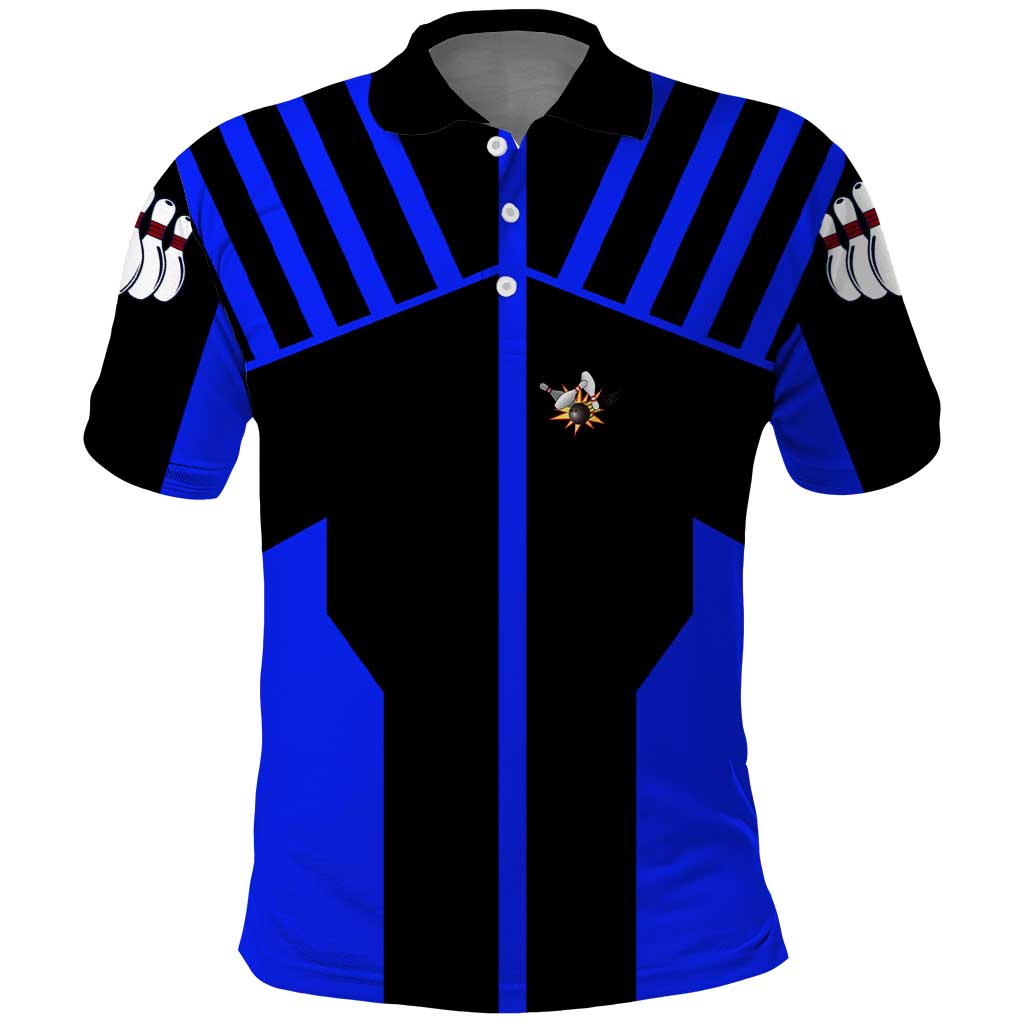 Custom Blue and Black Bowling Polo Shirt with Exploding Strike Design Pin Graphics - Wonder Print Shop