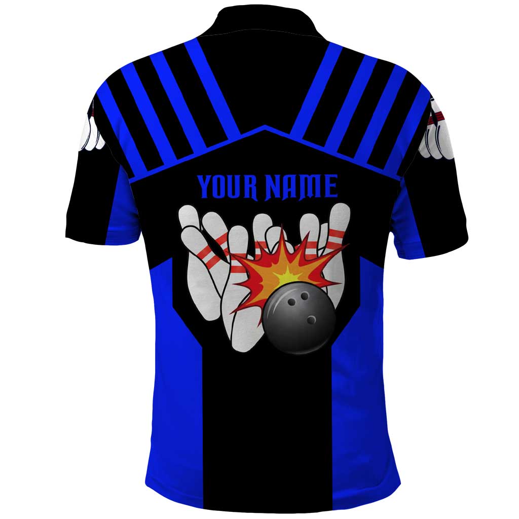 Custom Blue and Black Bowling Polo Shirt with Exploding Strike Design Pin Graphics - Wonder Print Shop