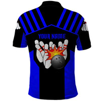 Custom Blue and Black Bowling Polo Shirt with Exploding Strike Design Pin Graphics - Wonder Print Shop