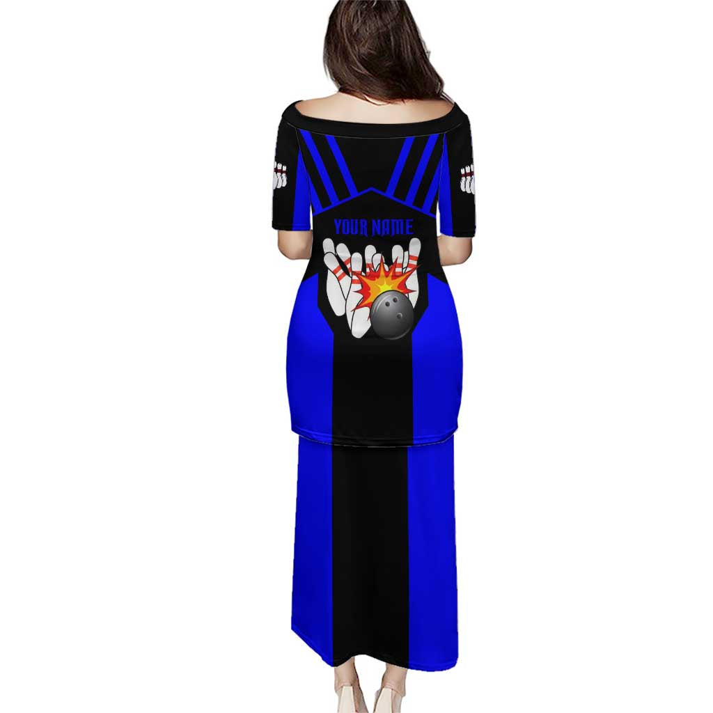 Custom Blue and Black Bowling Puletasi with Exploding Strike Design Pin Graphics - Wonder Print Shop