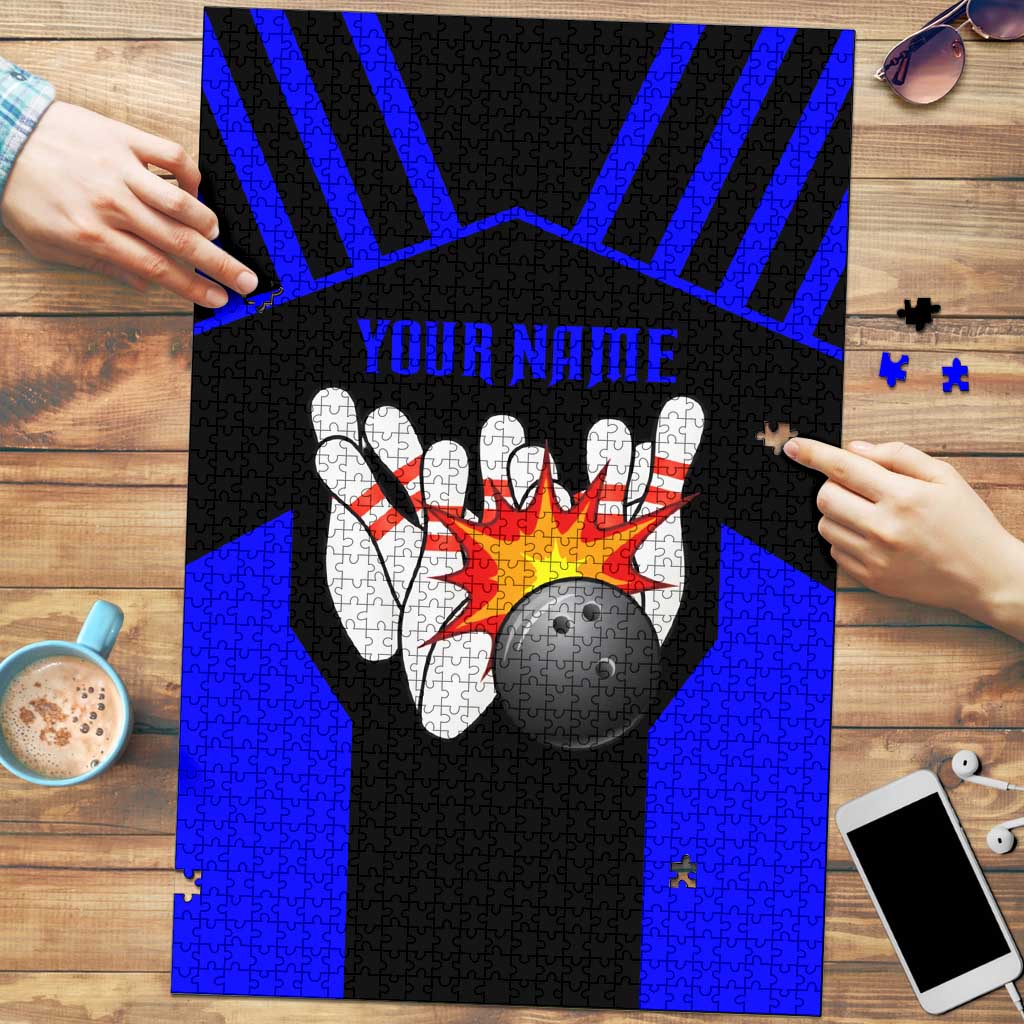 Custom Blue and Black Bowling Puzzle with Exploding Strike Design Pin Graphics - Wonder Print Shop
