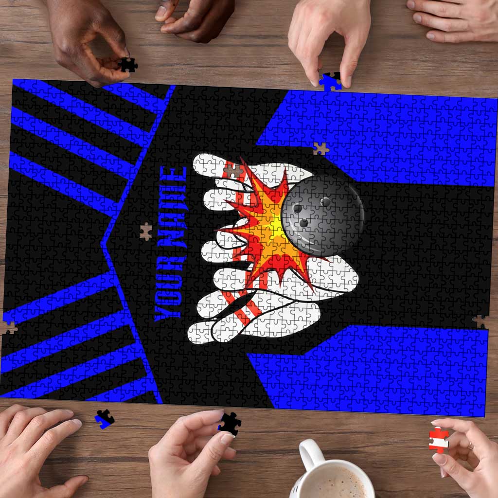 Custom Blue and Black Bowling Puzzle with Exploding Strike Design Pin Graphics - Wonder Print Shop