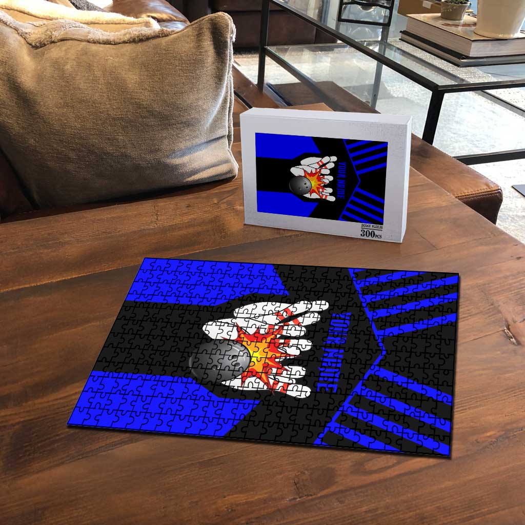 Custom Blue and Black Bowling Puzzle with Exploding Strike Design Pin Graphics - Wonder Print Shop