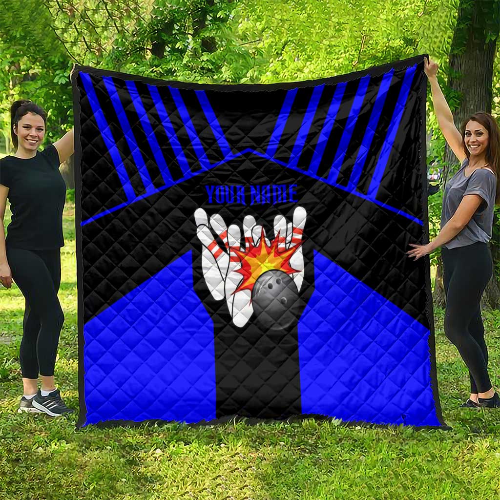 Custom Blue and Black Bowling Quilt with Exploding Strike Design Pin Graphics - Wonder Print Shop