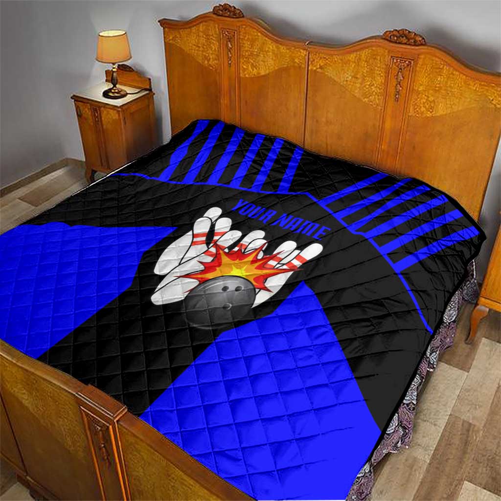 Custom Blue and Black Bowling Quilt with Exploding Strike Design Pin Graphics - Wonder Print Shop
