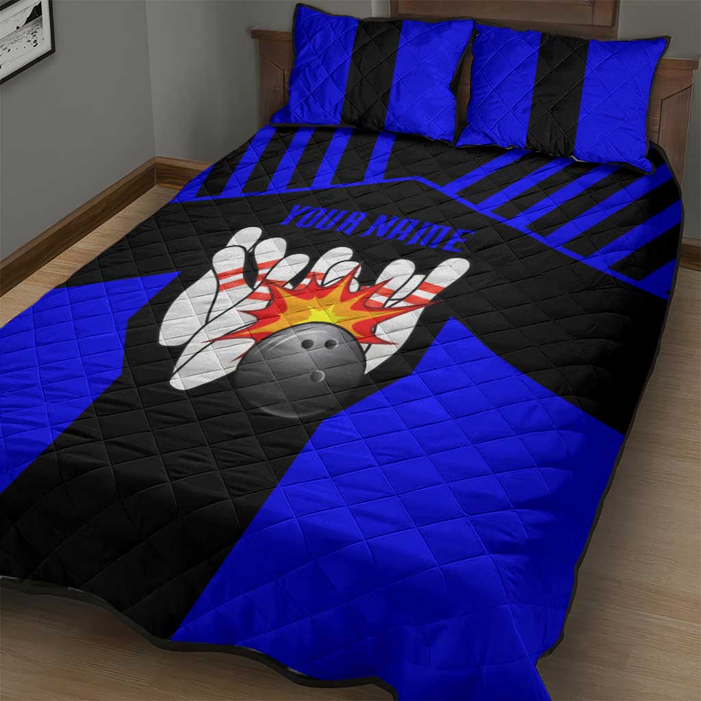 Custom Blue and Black Bowling Quilt Bed Set with Exploding Strike Design Pin Graphics - Wonder Print Shop