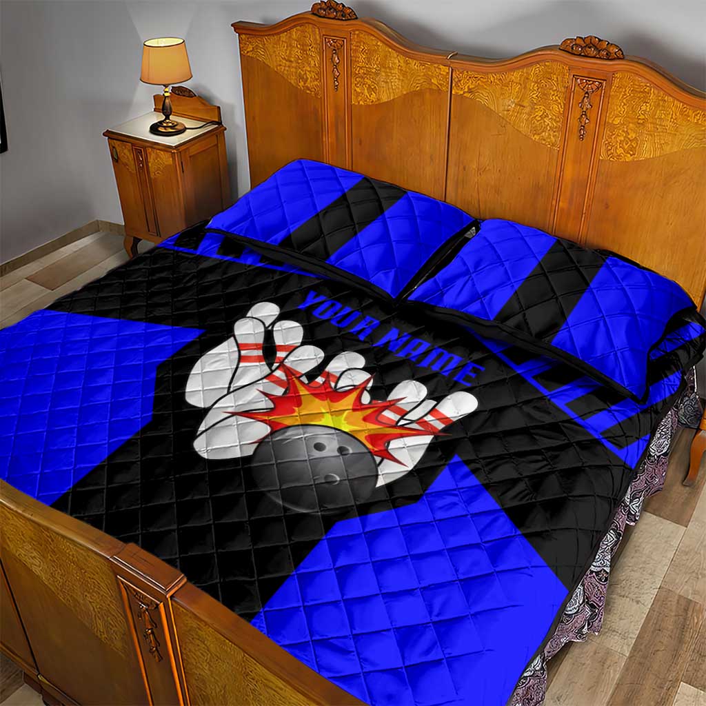 Custom Blue and Black Bowling Quilt Bed Set with Exploding Strike Design Pin Graphics - Wonder Print Shop