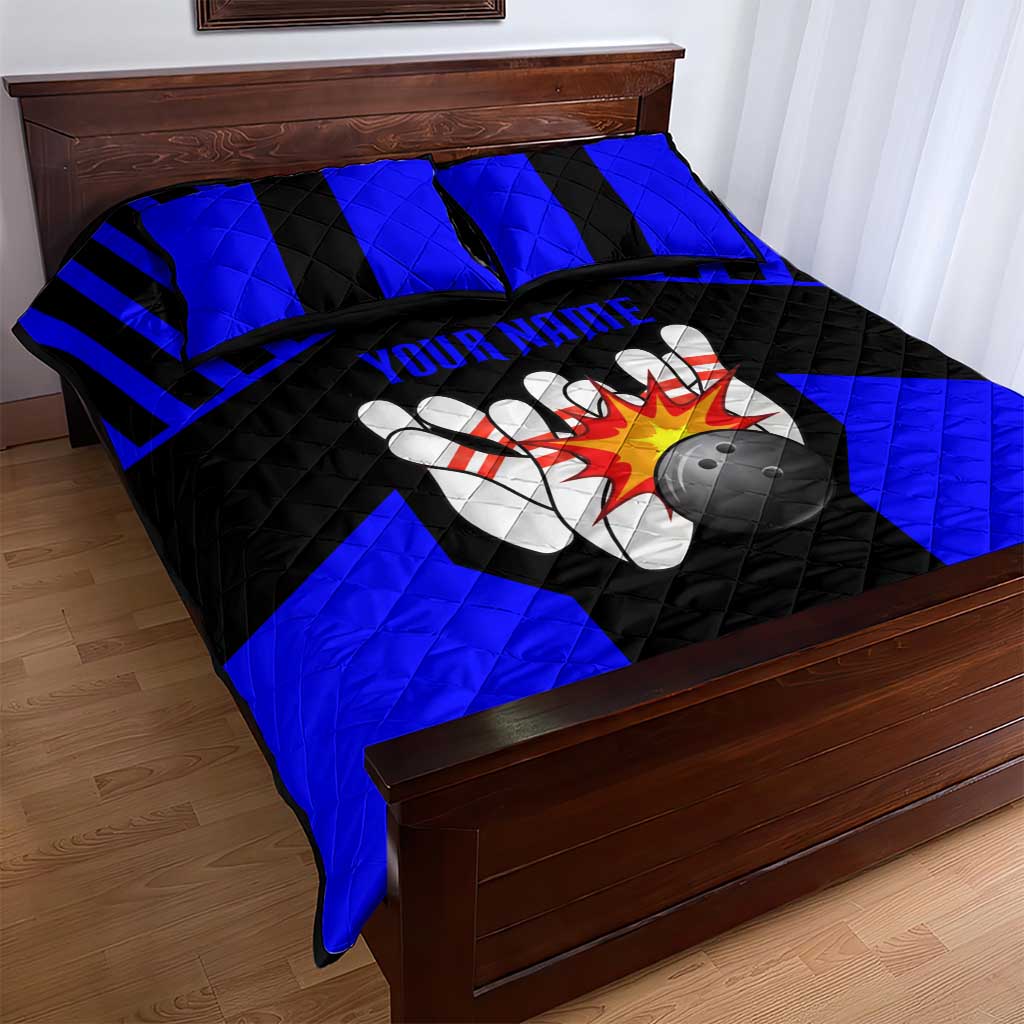 Custom Blue and Black Bowling Quilt Bed Set with Exploding Strike Design Pin Graphics - Wonder Print Shop
