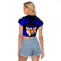 Custom Blue and Black Bowling Raglan Cropped T Shirt with Exploding Strike Design Pin Graphics - Wonder Print Shop