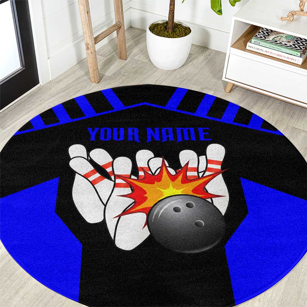 Custom Blue and Black Bowling Round Carpet with Exploding Strike Design Pin Graphics - Wonder Print Shop
