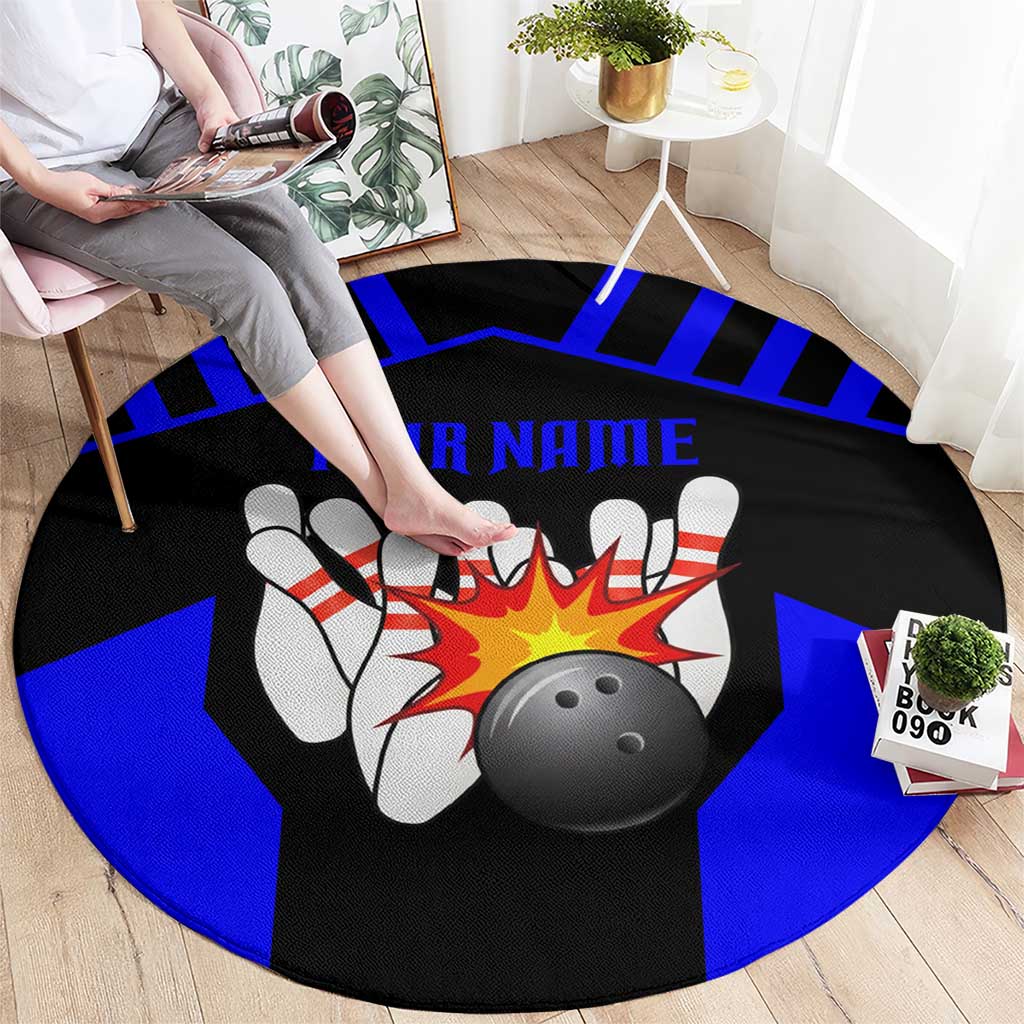 Custom Blue and Black Bowling Round Carpet with Exploding Strike Design Pin Graphics - Wonder Print Shop