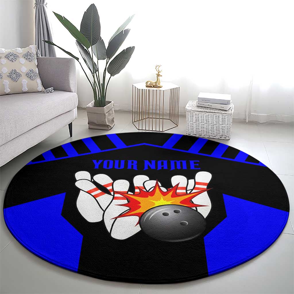 Custom Blue and Black Bowling Round Carpet with Exploding Strike Design Pin Graphics - Wonder Print Shop