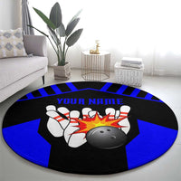 Custom Blue and Black Bowling Round Carpet with Exploding Strike Design Pin Graphics - Wonder Print Shop