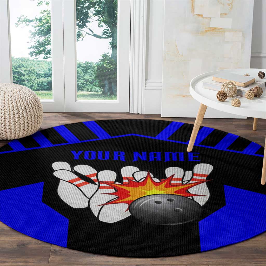 Custom Blue and Black Bowling Round Carpet with Exploding Strike Design Pin Graphics - Wonder Print Shop