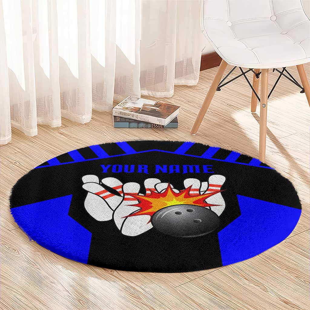 Custom Blue and Black Bowling Round Carpet with Exploding Strike Design Pin Graphics - Wonder Print Shop