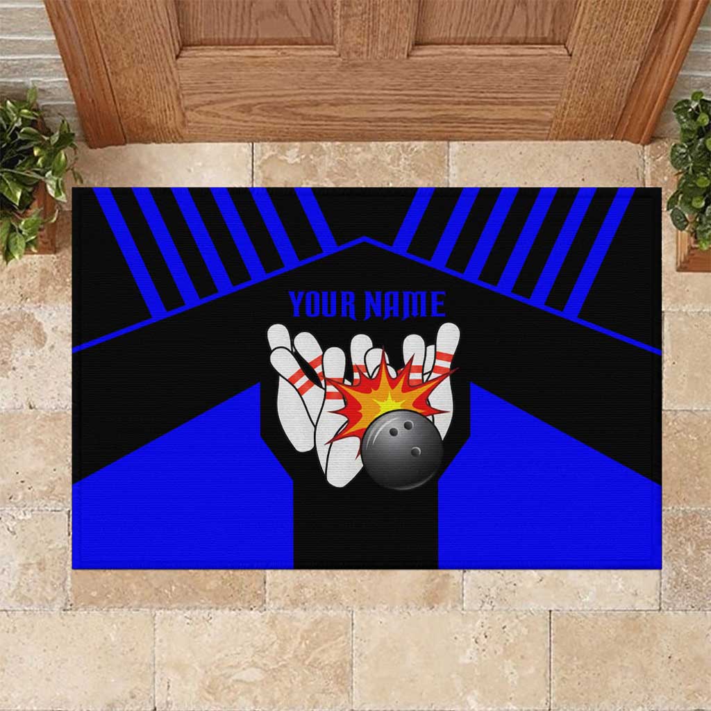 Custom Blue and Black Bowling Rubber Doormat with Exploding Strike Design Pin Graphics - Wonder Print Shop