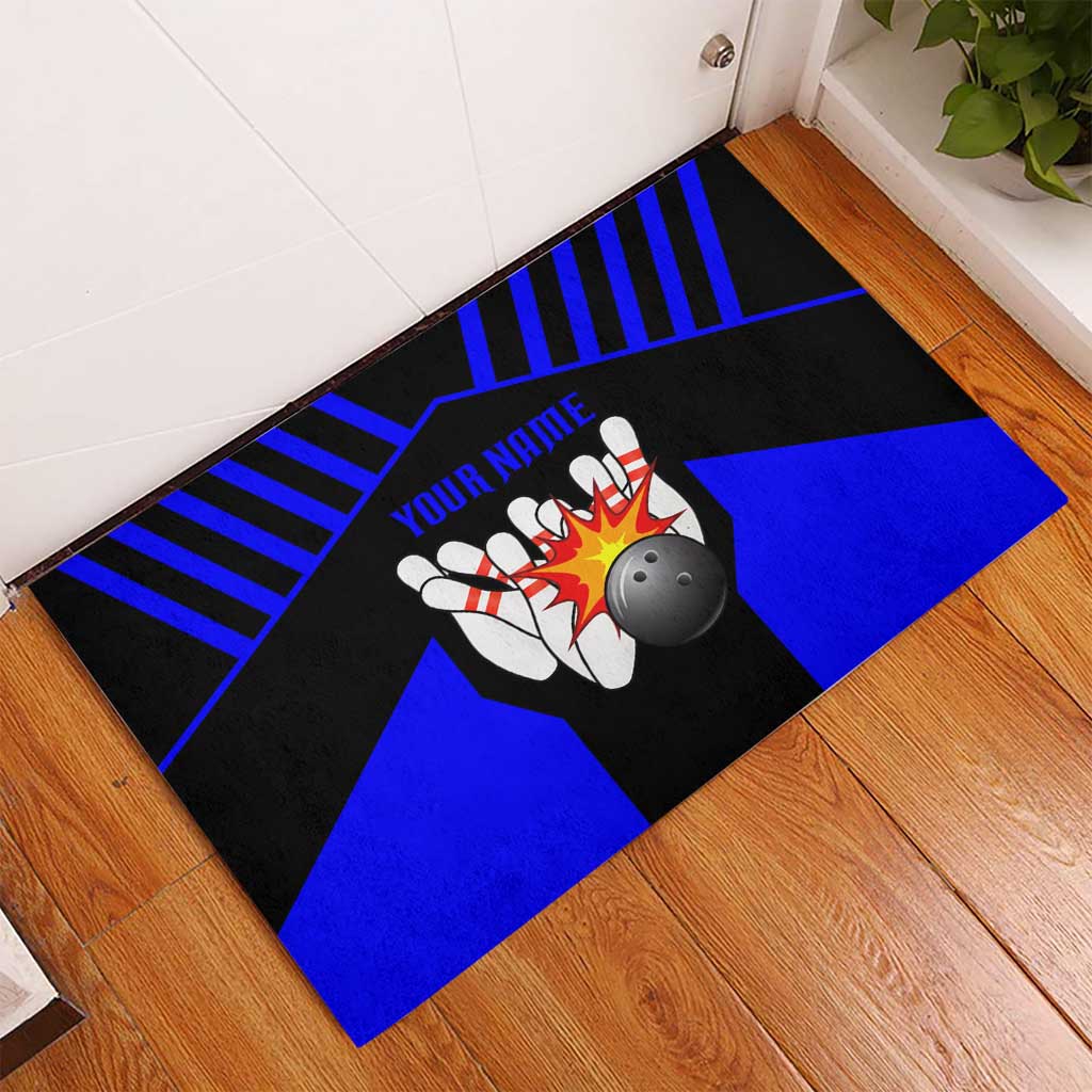 Custom Blue and Black Bowling Rubber Doormat with Exploding Strike Design Pin Graphics - Wonder Print Shop