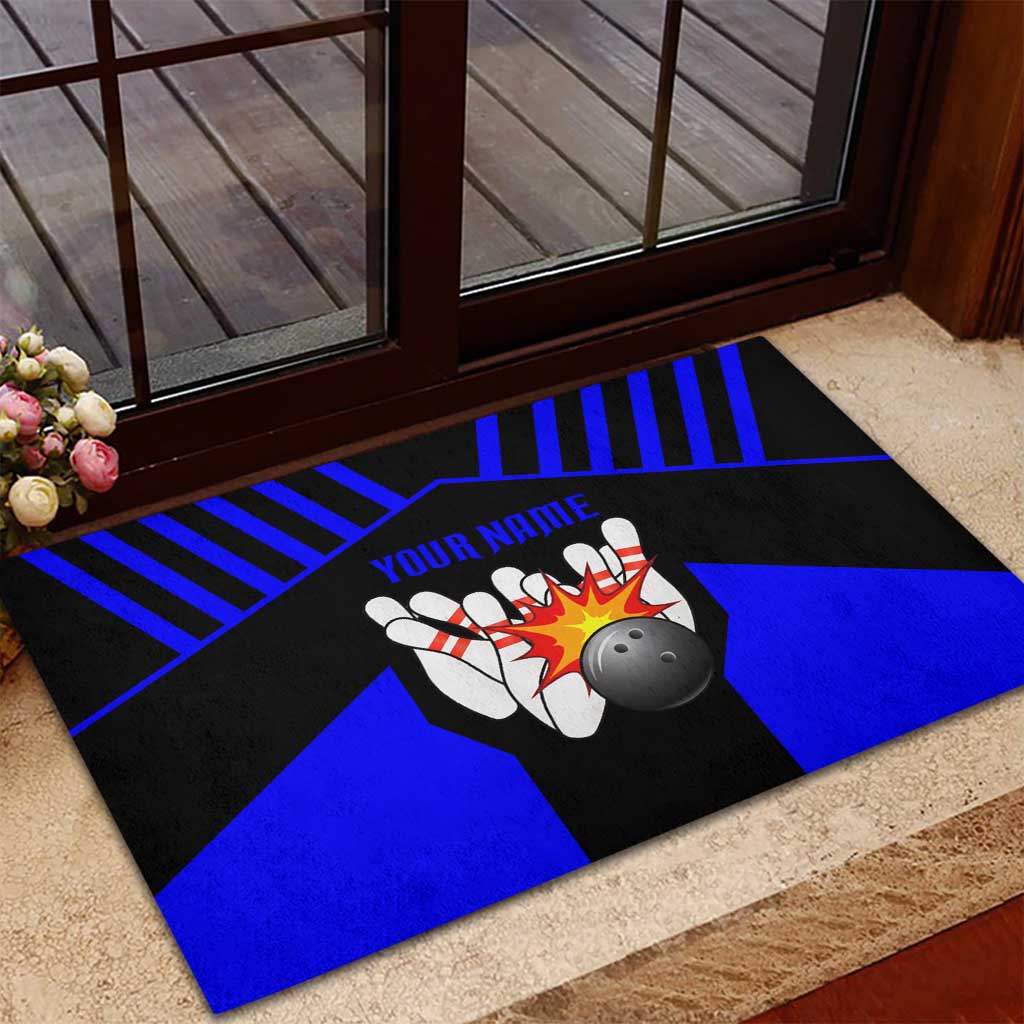 Custom Blue and Black Bowling Rubber Doormat with Exploding Strike Design Pin Graphics - Wonder Print Shop