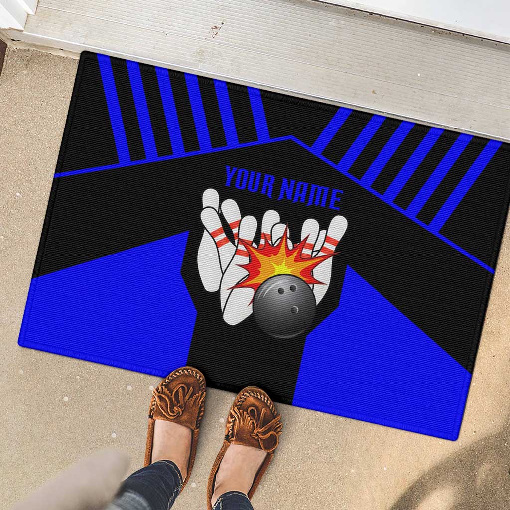 Custom Blue and Black Bowling Rubber Doormat with Exploding Strike Design Pin Graphics - Wonder Print Shop