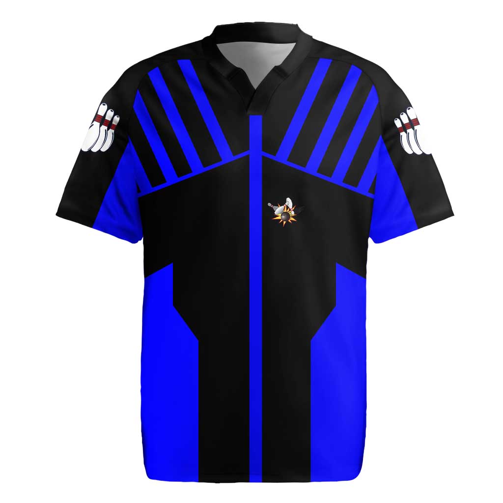 Custom Blue and Black Bowling Rugby Jersey with Exploding Strike Design Pin Graphics - Wonder Print Shop