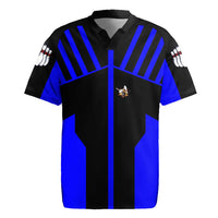 Custom Blue and Black Bowling Rugby Jersey with Exploding Strike Design Pin Graphics - Wonder Print Shop