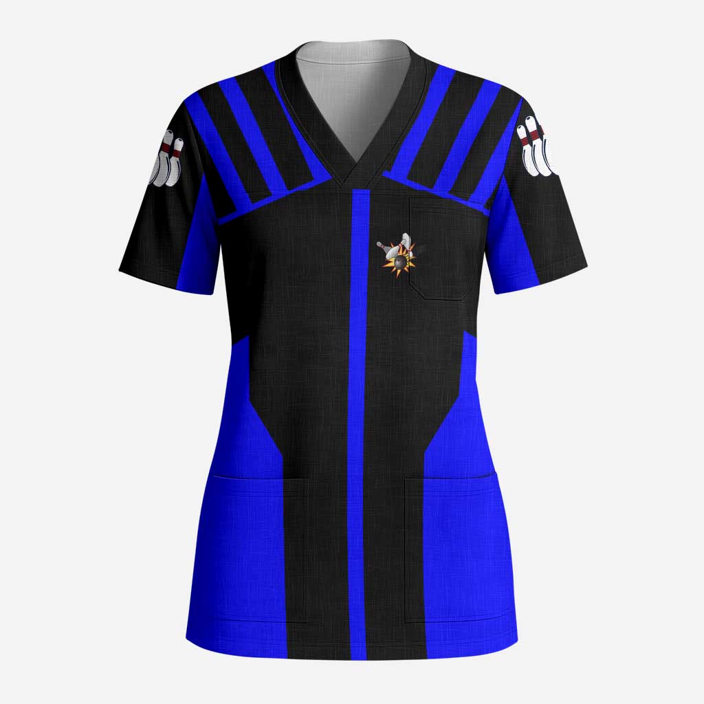 Custom Blue and Black Bowling Scrub Top with Exploding Strike Design Pin Graphics - Wonder Print Shop